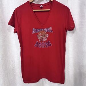 Basketball Mom Women's Shirt Medium Red Bling Rhinestone Cap Sleeve Sports READ